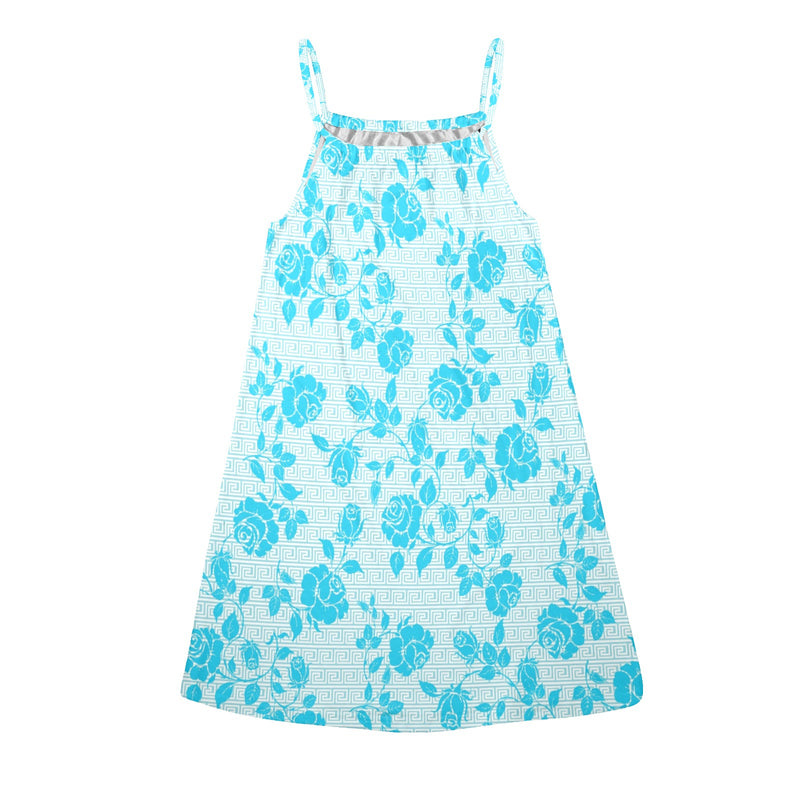 light blue greek key and medium blue roses print 2 Drawstring Neck Sleeveless Dress (Model D68) - Objet D'Art