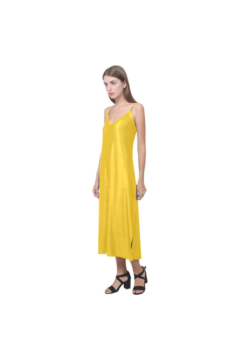 Golden Yellow V-Neck Open Fork Long Dress(Model D18) - Objet D'Art