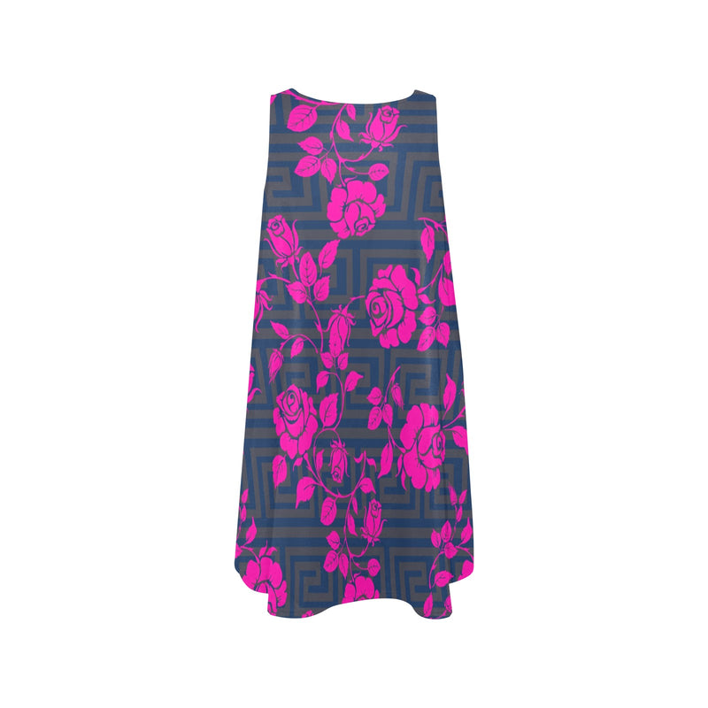 fuchsia rose greek blue gray print 2 Sleeveless A-Line Pocket Dress (Model D57) - Objet D'Art