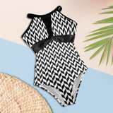 bw print broken chev Women's High Neck Plunge Mesh Ruched Swimsuit (S43) - Objet D'Art