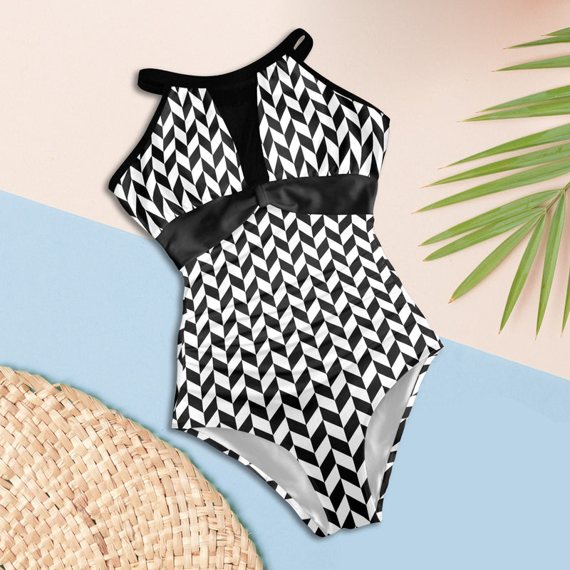 bw print broken chev Women's High Neck Plunge Mesh Ruched Swimsuit (S43) - Objet D'Art
