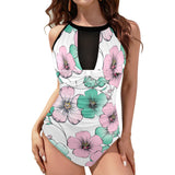 pink green floral mj shoes Women's High Neck Plunge Mesh Ruched Swimsuit (S43) - Objet D'Art