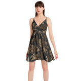 Carmel Colored Roses Spaghetti Strap Sleeveless Falred Hem Short Dress - Objet D'Art