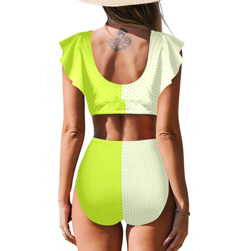 neon green hex print 5 Women's Ruffle Sleeve Bikini Swimsuit (Model S42) - Objet D'Art