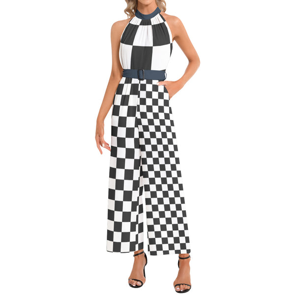 Checkered Halter Neck Buckle Belted Jumpsuit - Objet D'Art