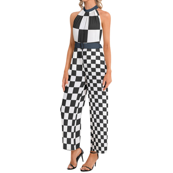 Checkered Halter Neck Buckle Belted Jumpsuit - Objet D'Art