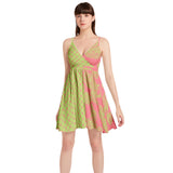 Dark Pink and Green Paisley and Hearts Spaghetti Strap Sleeveless Falred Hem Short Dress - Objet D'Art
