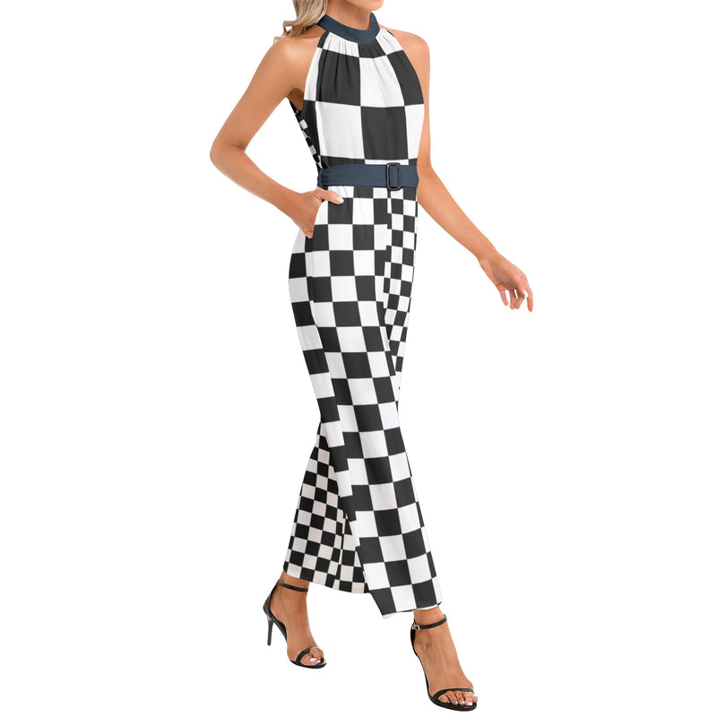 Checkered Halter Neck Buckle Belted Jumpsuit - Objet D'Art
