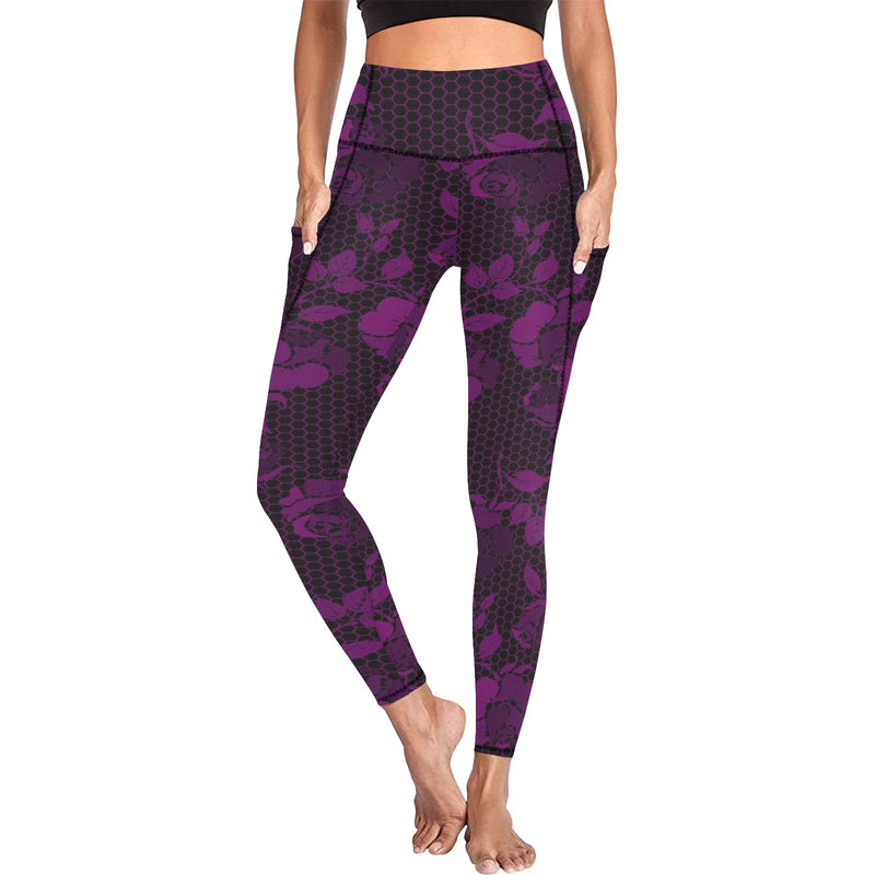 purple rose print 4 Women's All Over Print Leggings with Pockets (Model L56) - Objet D'Art