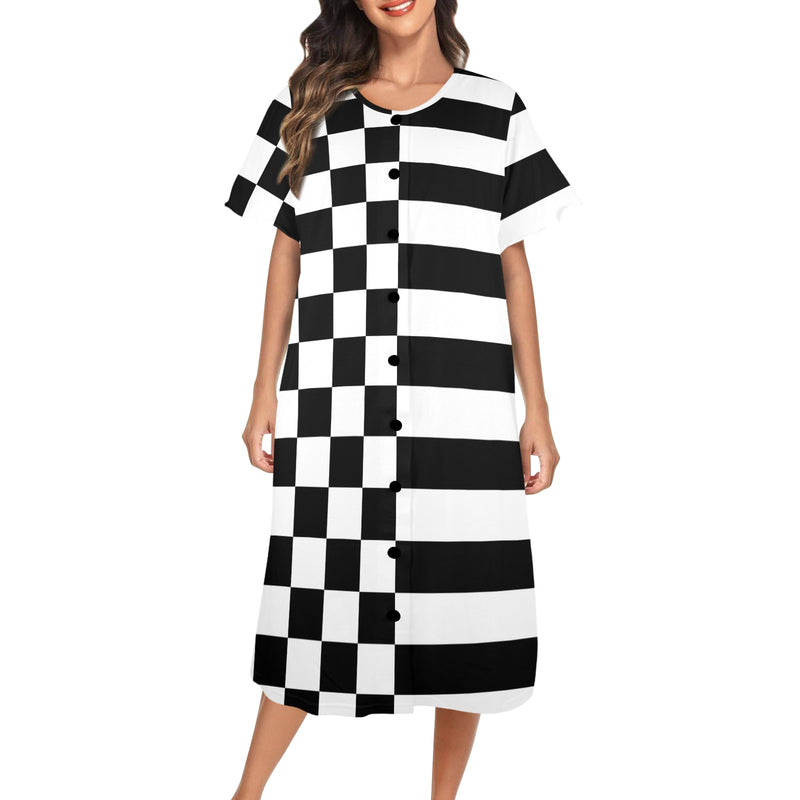 bw check print 2 Women's Button Front House Dress - Objet D'Art
