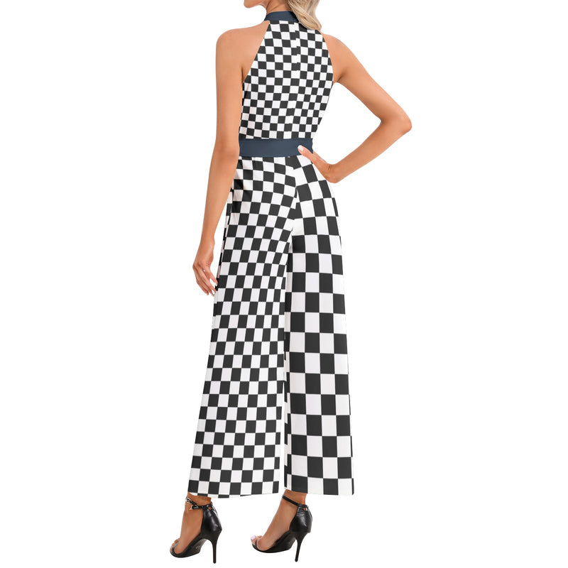 Checkered Halter Neck Buckle Belted Jumpsuit - Objet D'Art