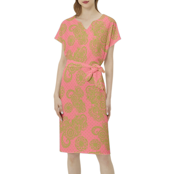 Dark Pink and Green Paisley and Polka Dot Batwing Sleeve Notch Neck Casual Dress with Belt - Objet D'Art
