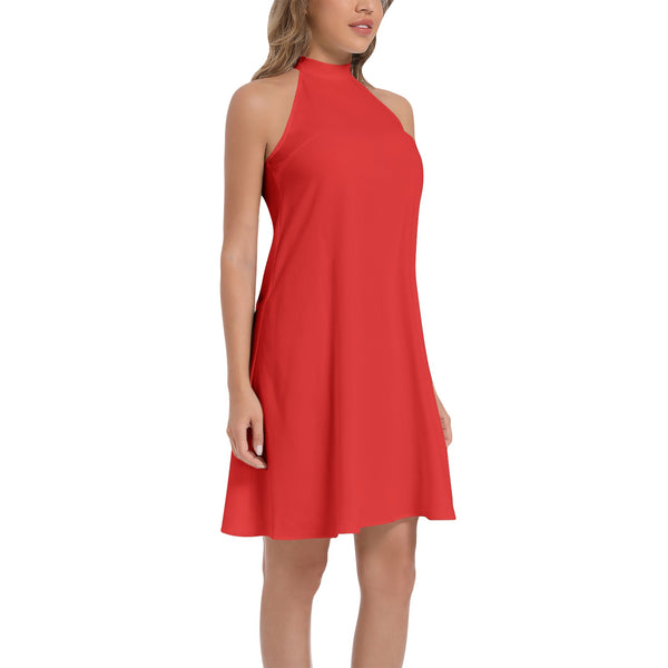 Red Tie Back Halter Neck Flared Dress - Objet D'Art