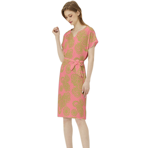 Dark Pink and Green Paisley and Polka Dot Batwing Sleeve Notch Neck Casual Dress with Belt - Objet D'Art