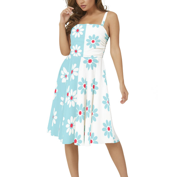 Two Tone Daisies Sleeveless Square Neck Flare Hem Midi Dress - Objet D'Art