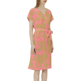 Dark Pink and Green Paisley and Polka Dot Batwing Sleeve Notch Neck Casual Dress with Belt - Objet D'Art