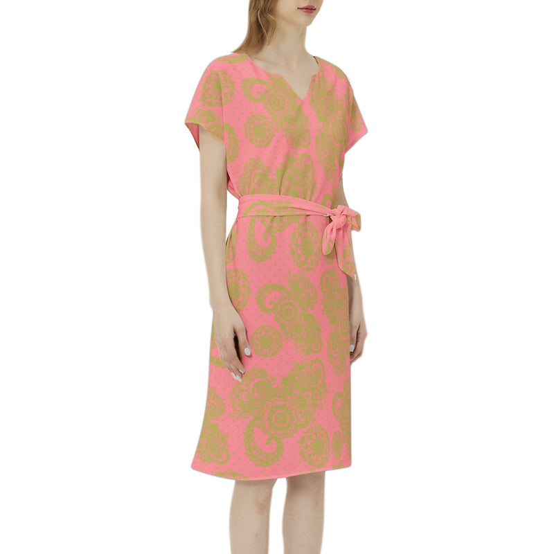 Dark Pink and Green Paisley and Polka Dot Batwing Sleeve Notch Neck Casual Dress with Belt - Objet D'Art