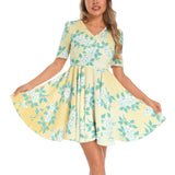 Peonies on Caramel Short Sleeve Ruched Bust Flared Hem Dress - Objet D'Art
