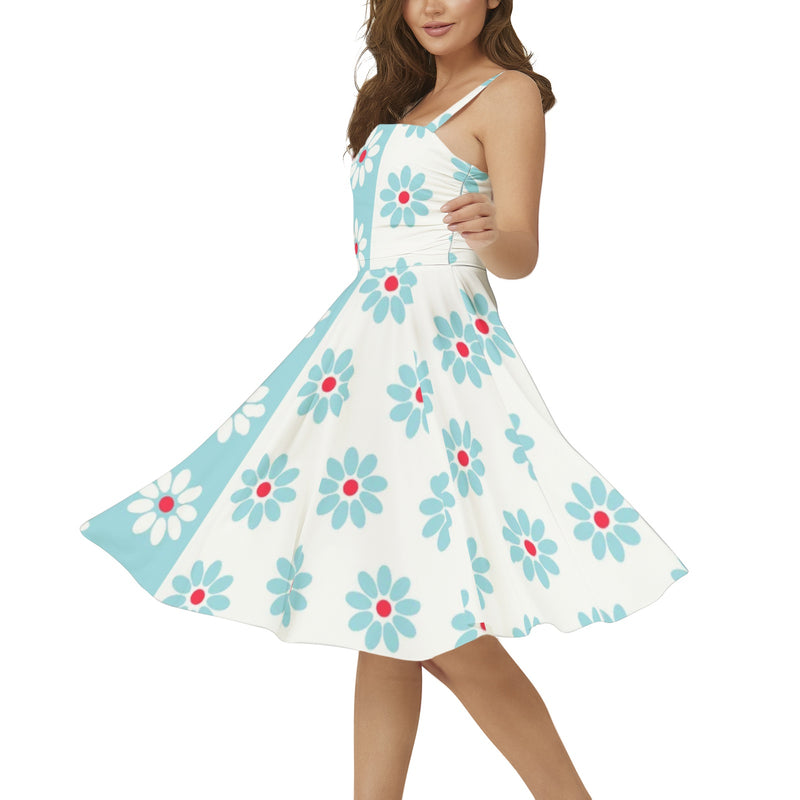 Two Tone Daisies Sleeveless Square Neck Flare Hem Midi Dress - Objet D'Art