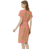 Dark Pink and Green Paisley and Polka Dot Batwing Sleeve Notch Neck Casual Dress with Belt - Objet D'Art