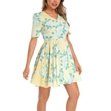Peonies on Caramel Short Sleeve Ruched Bust Flared Hem Dress - Objet D'Art