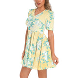Peonies on Caramel Short Sleeve Ruched Bust Flared Hem Dress - Objet D'Art