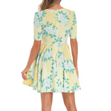Peonies on Caramel Short Sleeve Ruched Bust Flared Hem Dress - Objet D'Art