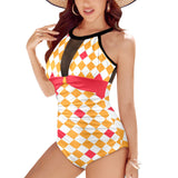 pink peach print Women's High Neck Plunge Mesh Ruched Swimsuit (S43) - Objet D'Art