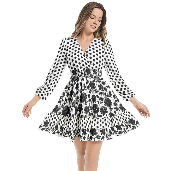 Floral Silouette Long Sleeve Tiered Ruffle Hem Elastic Waist Mini Dress - Objet D'Art