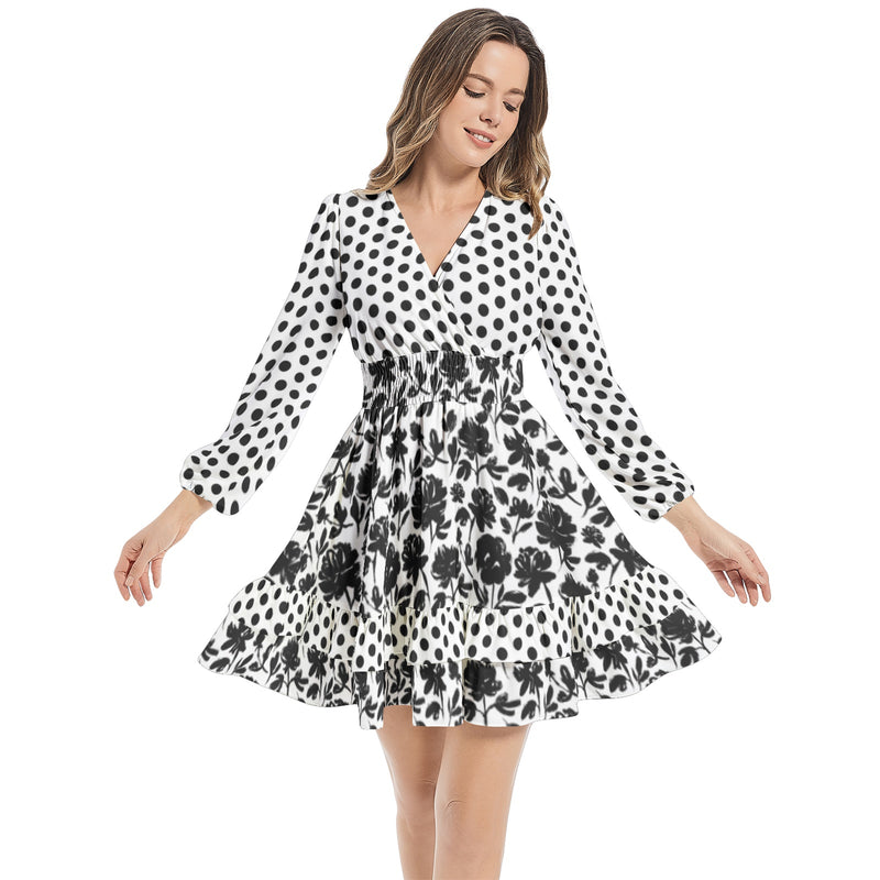Floral Silouette Long Sleeve Tiered Ruffle Hem Elastic Waist Mini Dress - Objet D'Art