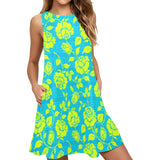 neon green blue greek key print 2 Sleeveless A-Line Pocket Dress (Model D57) - Objet D'Art