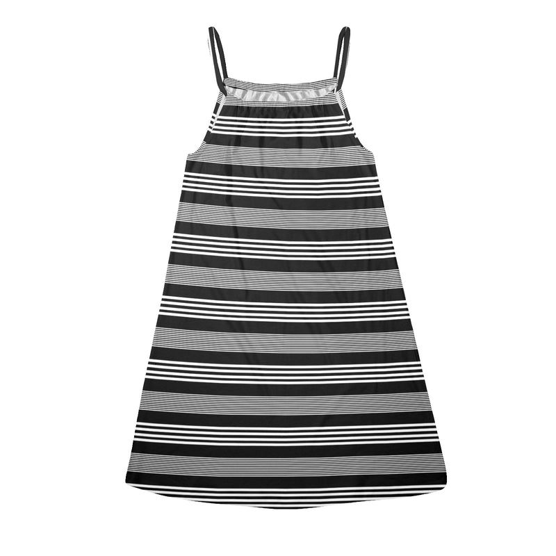 striped bw print a2 Drawstring Neck Sleeveless Dress (Model D68) - Objet D'Art