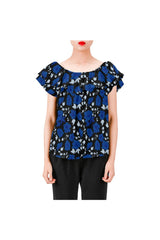 Blue Roses Women's Off Shoulder Blouse with Ruffle (Model T29) - Objet D'Art