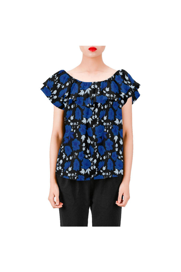 Blue Roses Women's Off Shoulder Blouse with Ruffle (Model T29) - Objet D'Art