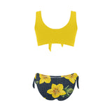 yellow flora print copy Bow Tie Front Bikini Swimsuit (Model S38) - Objet D'Art