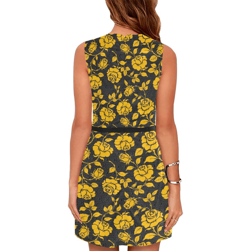 gold floral greek key print 7A Eos Women's Sleeveless Dress (Model D01) - Objet D'Art
