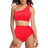 scarlet flame print 2 High Waisted One Shoulder Bikini Set (Model S16) - Objet D'Art