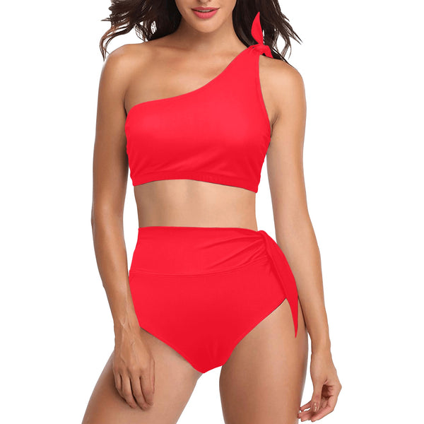 scarlet flame print 2 High Waisted One Shoulder Bikini Set (Model S16) - Objet D'Art