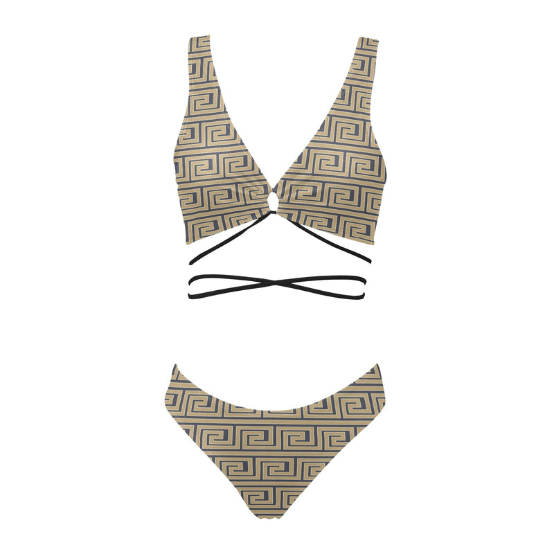 light brown greek key print 78 Cross String Bikini Set (Model S29) - Objet D'Art