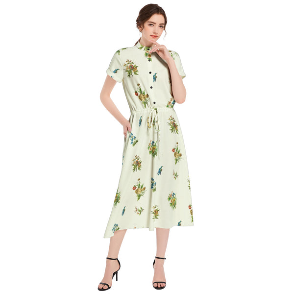 Nature Trail Drawstring Waist A-line Flared Midi Dress - Objet D'Art