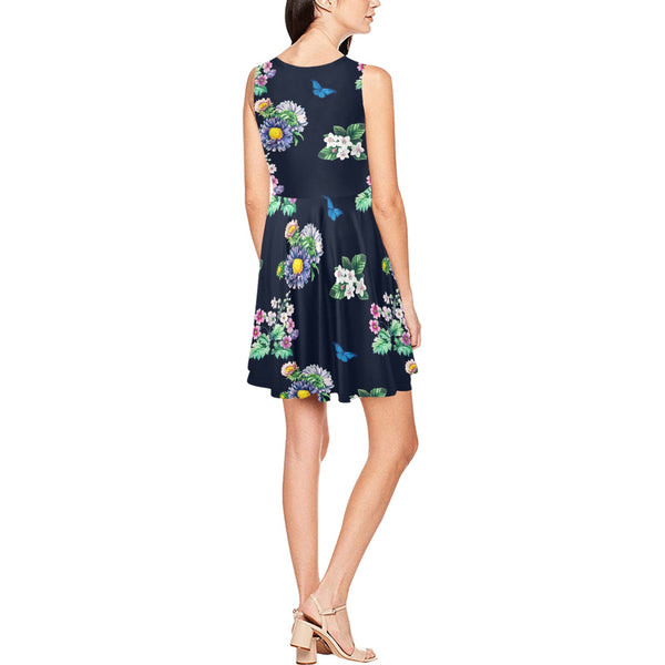 floral blue print 5 Thea Sleeveless Skater Dress(Model D19) - Objet D'Art