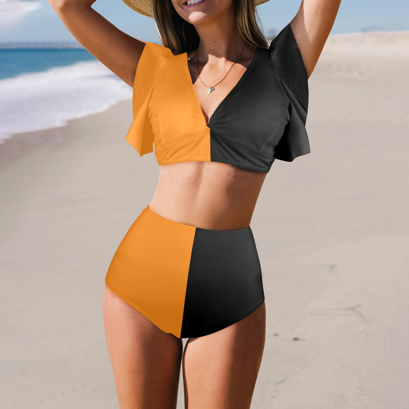 marine camo Women's Ruffle Sleeve Bikini Swimsuit (Model S42) - Objet D'Art