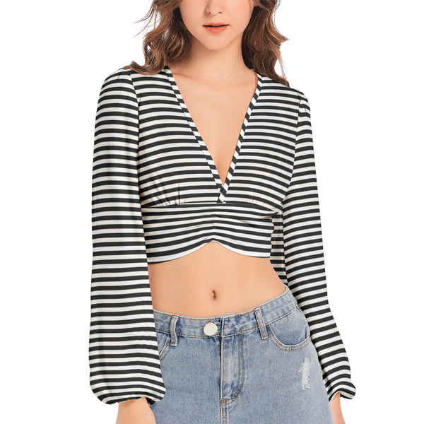 Sensual Striped Women's Deep V-Neck Lantern Sleeve Crop Top - Objet D'Art