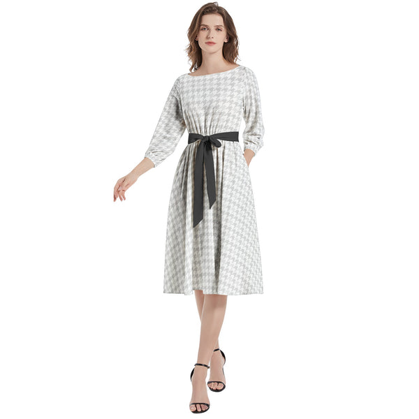 Boat Neck Belted Flared Dress - Objet D'Art