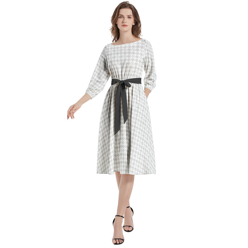 Boat Neck Belted Flared Dress - Objet D'Art