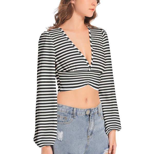 Sensual Striped Women's Deep V-Neck Lantern Sleeve Crop Top - Objet D'Art