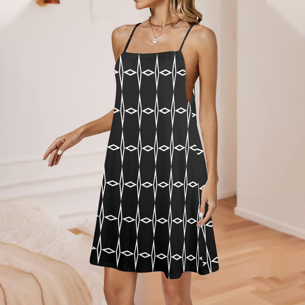 bw diamond print 2 Drawstring Neck Sleeveless Dress (Model D68) - Objet D'Art