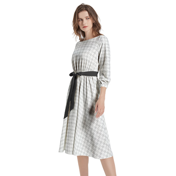 Boat Neck Belted Flared Dress - Objet D'Art