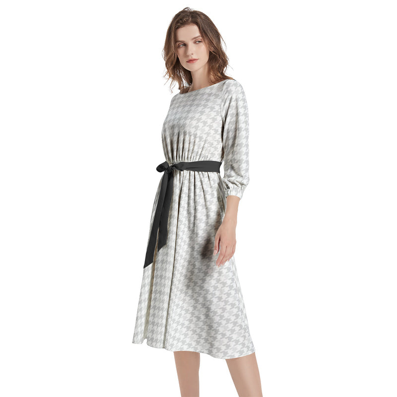 Boat Neck Belted Flared Dress - Objet D'Art