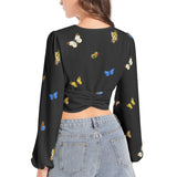 Women's Deep V-Neck Lantern Sleeve Crop Top
